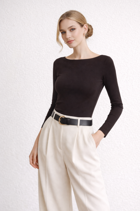 Kayık Yaka Uzun Kollu Top-Koyu Kahve